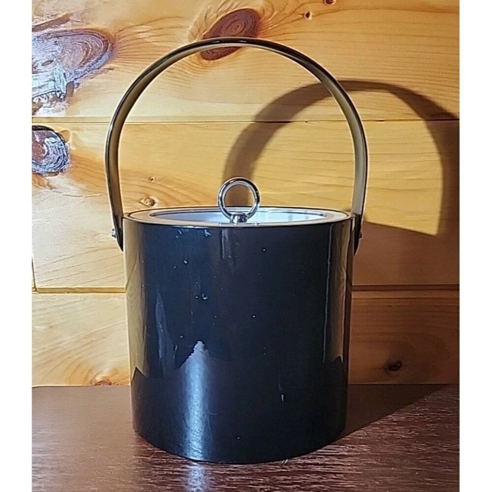 Georges Briard Black Faux Leather Ice Bucket Vintage 1960’s Lucite Lid U.S.A.